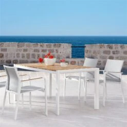 Best Stapelsessel "Paros" Mit Teak-Armlehnen, Filigran, Rostfrei, Komfortabel -Gartenmöbel 3910302346 Stapelsessel Paros m Teak Armlehnen weiss grau 4 59580